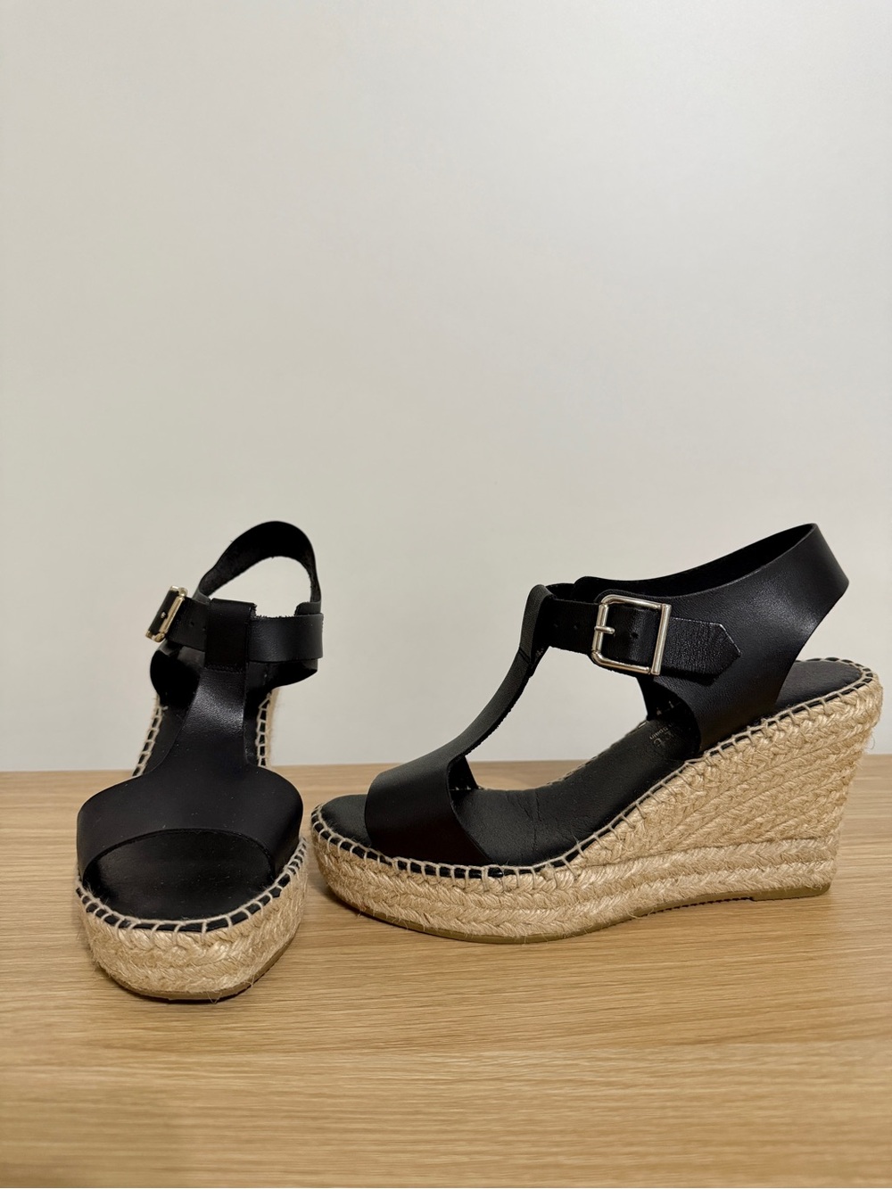 Paseart Black T-Strap Espadrille Wedge Sandals with Padded Sole, Size 39/8.5